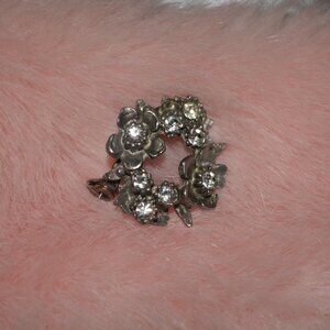 Vintage Silver Brooch Pin Wreath of Flowers & Rhinestones